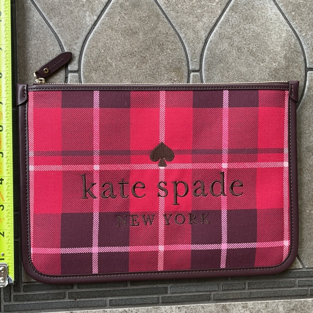 Kate Spade Ella Plaid Bright Rose Large Zip Pouch Clutch - Picture 5 of 16